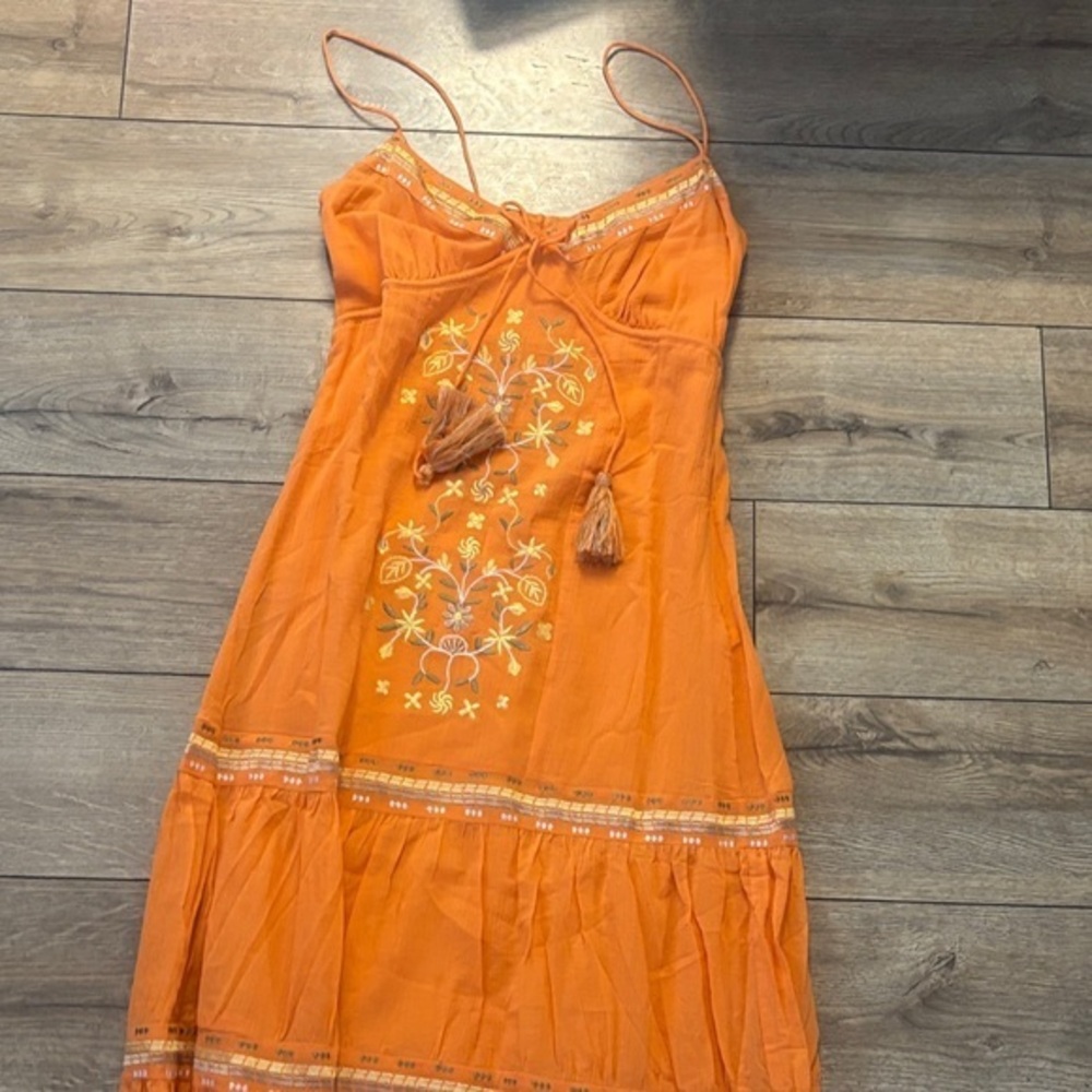 Vibrant Orange Strapless Dress with Embroidery
